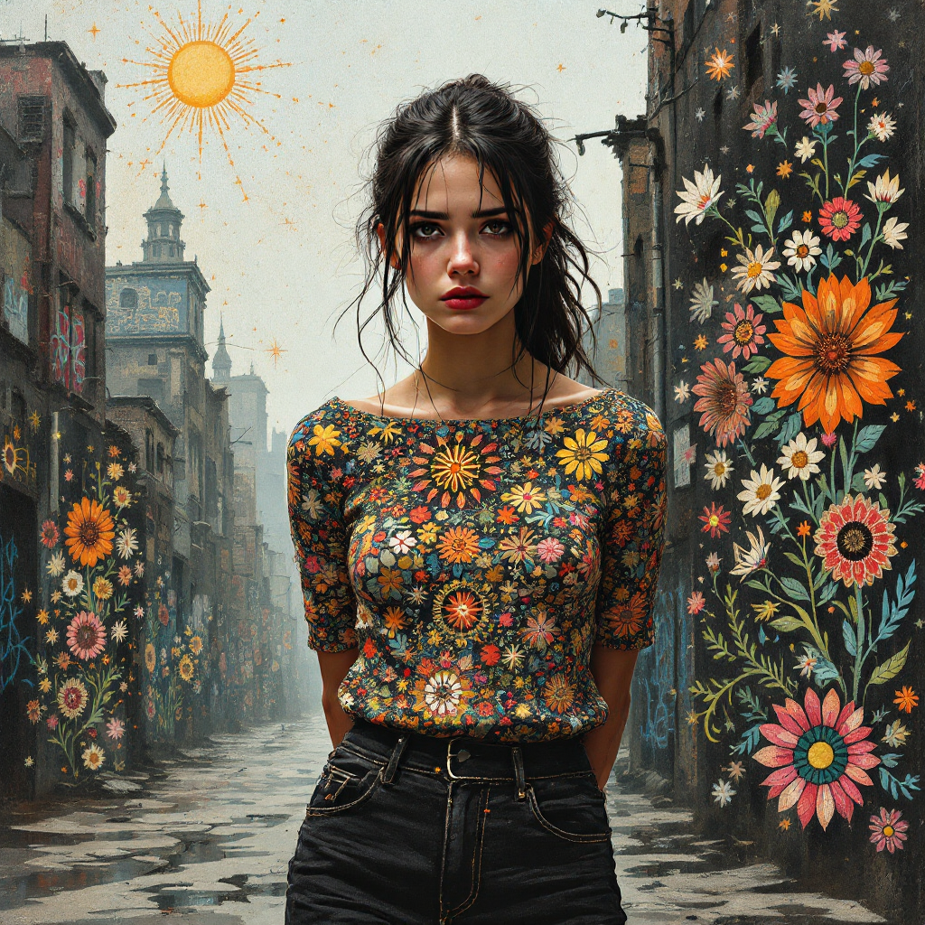 A young woman stands confidently in a vibrant floral-patterned top, surrounded by blooming flowers on the walls of a city street, embodying a sense of choice and determination.