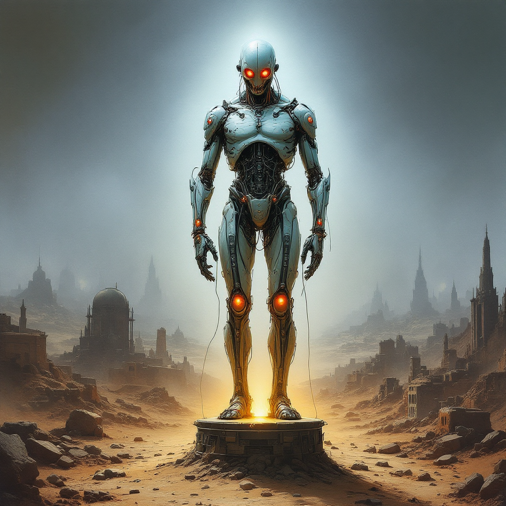 A towering robotic figure stands in a desolate landscape, illuminated by a glowing light. The scene evokes themes from the quote about shaping gods in our own image and facing dire consequences.