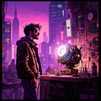 A young engineer stands in a vibrant, futuristic city, gazing thoughtfully at a glowing, intricate device surrounded by eclectic gadgets, embodying creativity and unexpected solutions.