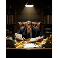 A man in a suit sits at a richly decorated desk covered with papers and gold coins, deep in thought, surrounded by bookshelves, embodying the essence of financial literacy and wealth.