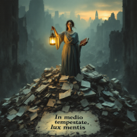 A woman stands confidently atop a mountain of books in a desolate landscape, holding a lantern. The quote In medio tempestate, lux mentis is inscribed below, symbolizing clarity amidst chaos.