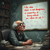 A thoughtful elderly man sits at a cluttered desk surrounded by books and papers, gazing at a whiteboard featuring the quote: An idea that is not dangerous is unworthy of being called an idea at all.