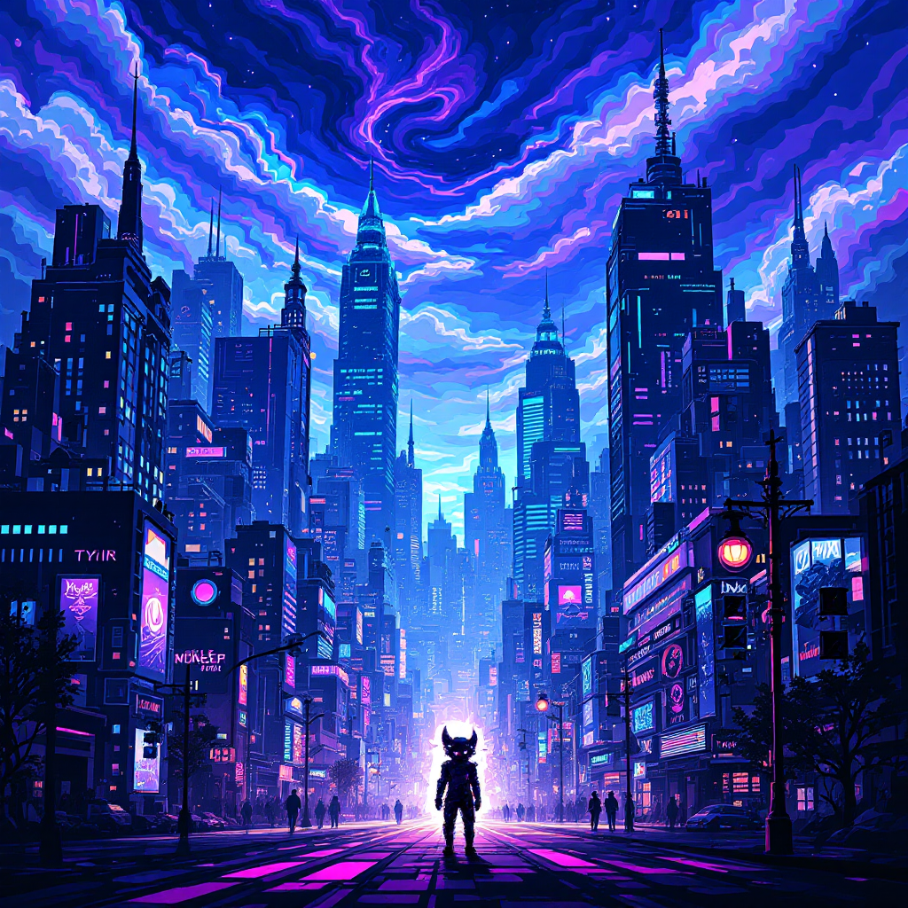 A vibrant, futuristic cityscape illuminated by purple and blue hues, with a lone figure standing on a street, embodying the essence of change and evolution in life.