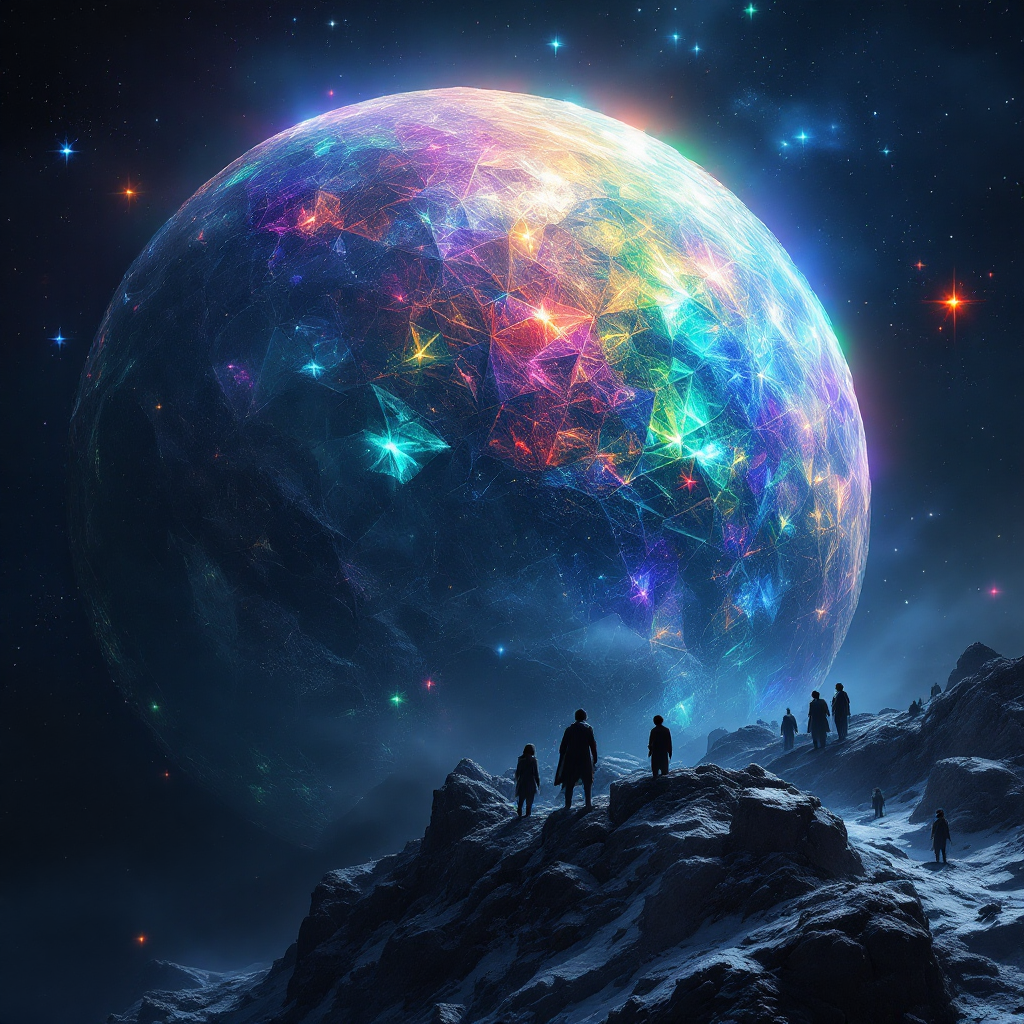 A vibrant, crystalline planet looms over a snowy mountain range, shimmering with rainbows under starlight, hinting at a mysterious, otherworldly presence. Silhouetted figures stand in awe.