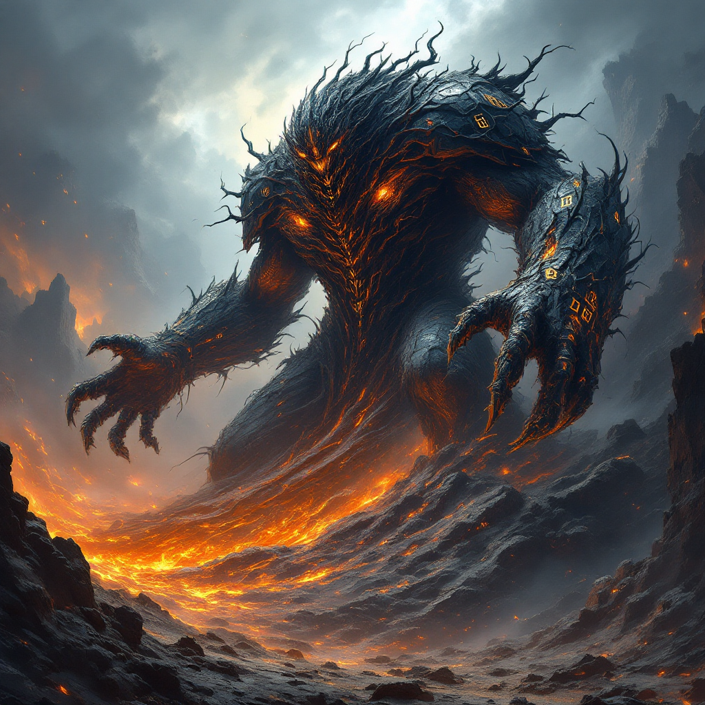 A towering, monstrous figure made of dark, twisted roots and molten lava emerges from a fiery landscape, embodying the essence of total destruction and dominance.