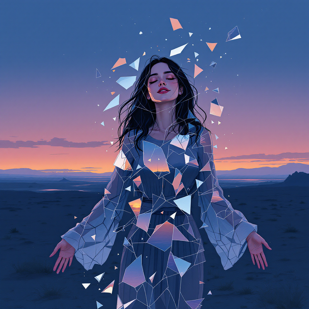 A serene figure surrounded by shimmering shards of glass stands against a sunset, symbolizing joy persisting through pain and loss. The landscape conveys tranquility and resilience.