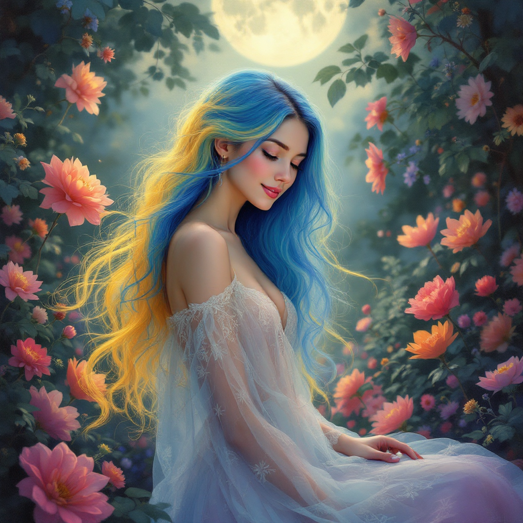 A serene woman with flowing blue and gold hair sits amidst blooming flowers, bathed in moonlight, embodying the longing expressed in the quote, I want to be with you, and I want to be with you now.