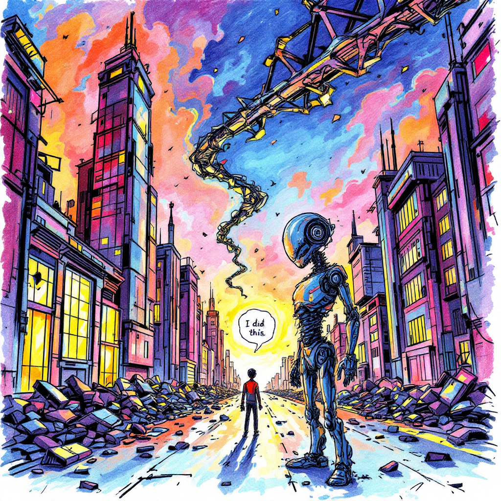 A robot towers over a figure in a vibrant, post-apocalyptic cityscape, surrounded by rubble and colorful skies, embodying the quote about destruction and the potential to rebuild.