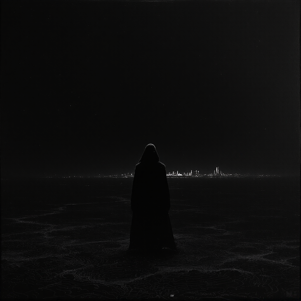 A cloaked figure stands in darkness, facing a distant city skyline barely illuminated, capturing the essence of unseen stories and hidden truths.