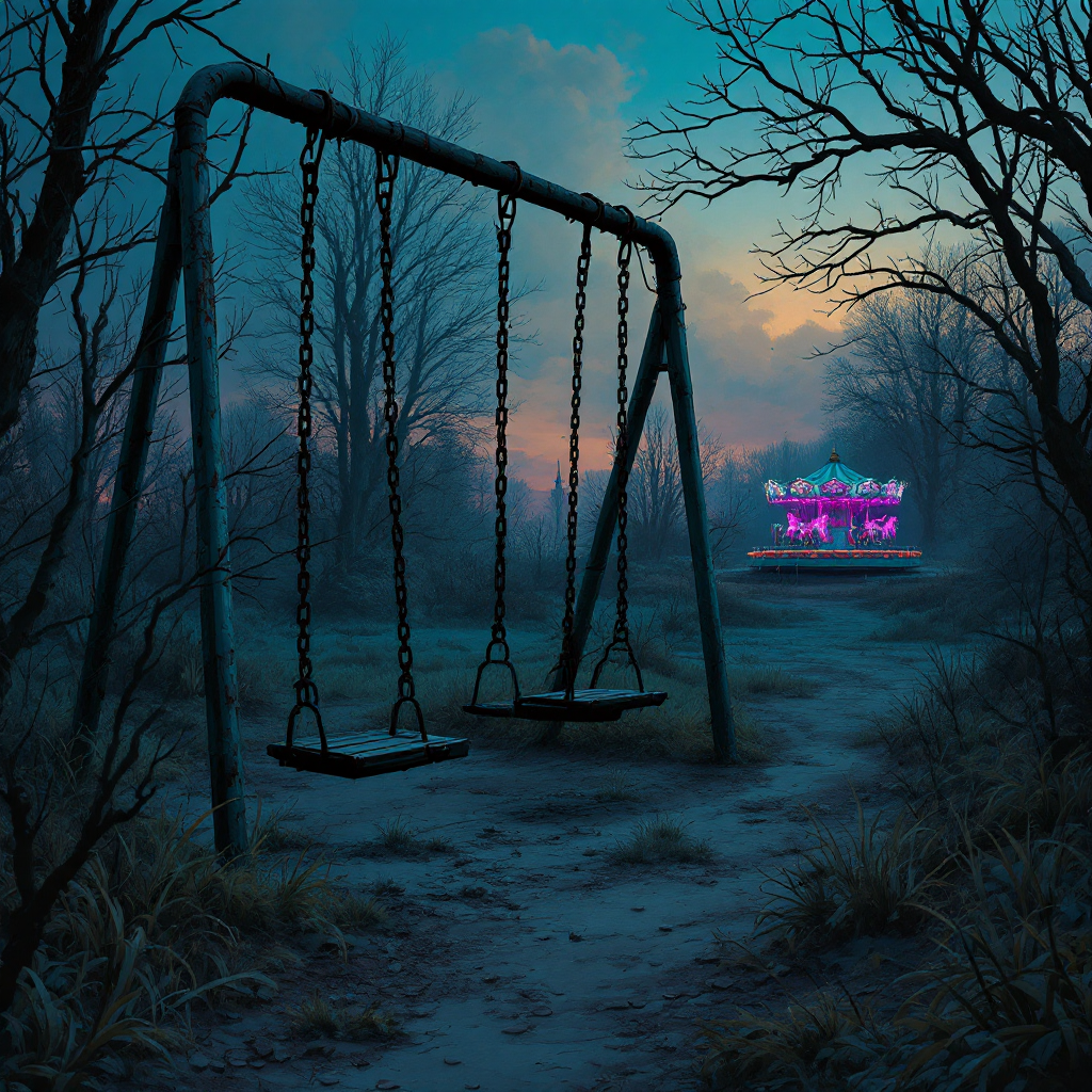 A desolate playground at dusk features empty swings and a distant carousel, reflecting the quote about how grown-ups often forget their childhood memories.