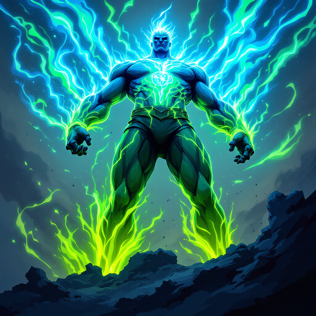 A muscular figure stands confidently, surrounded by vibrant blue and green lightning, embodying strength and power in response to the quote about enduring strength.