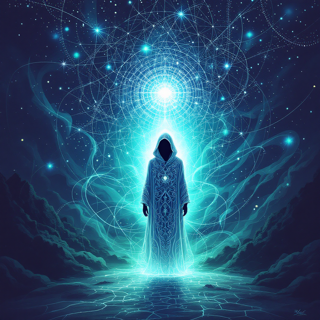 A cloaked figure stands illuminated against a cosmic backdrop, embodying the quote I had always been a part of the world, but never in it, surrounded by swirling stars and energy patterns.