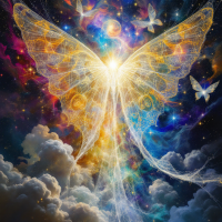 A luminous butterfly emerges from a cosmic backdrop, radiating light amidst swirling galaxies and clouds, symbolizing the hidden possibilities beneath our perceived reality.