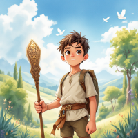 A young boy stands confidently in a vibrant landscape, holding a carved staff, embodying the power of belief and bravery inspired by the quote about incredible feats.