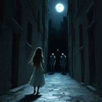 A young girl in a white dress stands in a dark alley, facing ominous figures emerging from the shadows beneath a full moon, evoking a sense of lurking danger and solitude.