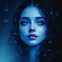 A serene, ethereal face with glowing blue eyes is set against a digital background of stars and circuitry, embodying the fragility and strength of hope.