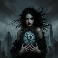 A dark, ethereal figure with glowing eyes holds a shattered shield, set against a moody cityscape, symbolizing the struggle against societal expectations and the fight for sanity.