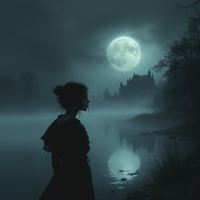 A silhouetted figure stands by a foggy lake under a full moon, with a distant, haunting castle visible. The scene embodies the feeling of a haunting memory, resonating with the quote about the past.