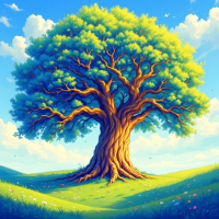 A vibrant, sprawling tree stands in a sunlit meadow, symbolizing growth and transformation, reflecting the quote about the significance of what one becomes, rather than origin.