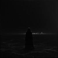 A cloaked figure stands in darkness, facing a distant city skyline barely illuminated, capturing the essence of unseen stories and hidden truths.