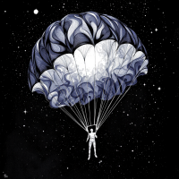 A figure descends with an intricately patterned parachute against a starry background, symbolizing the quote, The mind is like a parachute. It doesn’t work if it is not open.