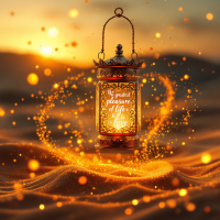 A glowing lantern is set against a warm, sandy background, surrounded by shimmering particles, with the quote The greatest pleasure of life is love beautifully illuminated inside.