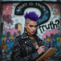 A confident individual with a striking purple mohawk stands in front of a graffiti wall, holding a notepad, embodying the philosophical inquiry reflected in the quote about uncertainties.