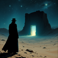 A figure in a long coat stands in a desolate landscape, gazing at a glowing door within an ancient stone structure, under a starry sky, symbolizing the confrontation of reality.