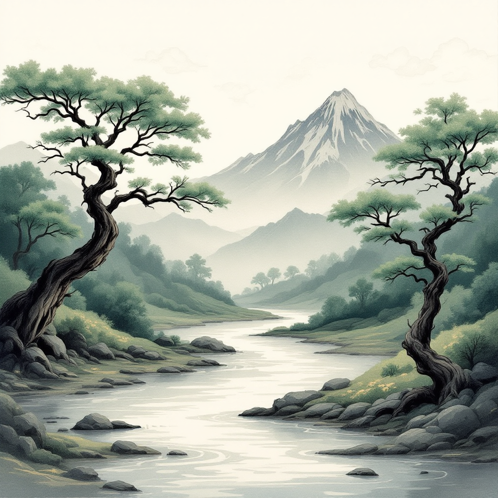 A serene landscape featuring a winding river surrounded by lush trees, rolling hills, and a majestic mountain range, illustrating the beauty of nature's patterns.