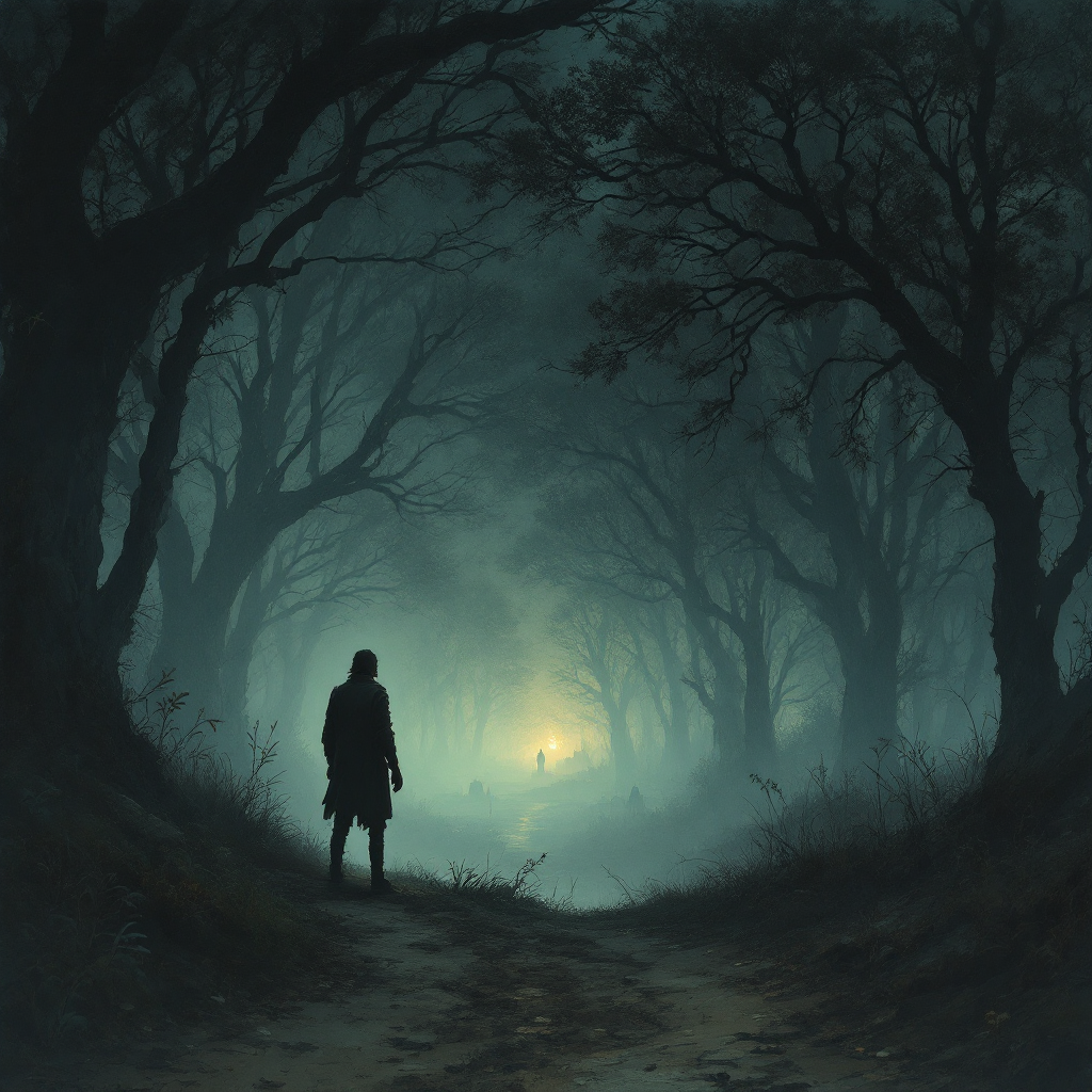 A silhouetted figure stands at the edge of a dimly lit forest path, surrounded by dark trees and a mysterious glowing light, evoking themes of change and new beginnings.