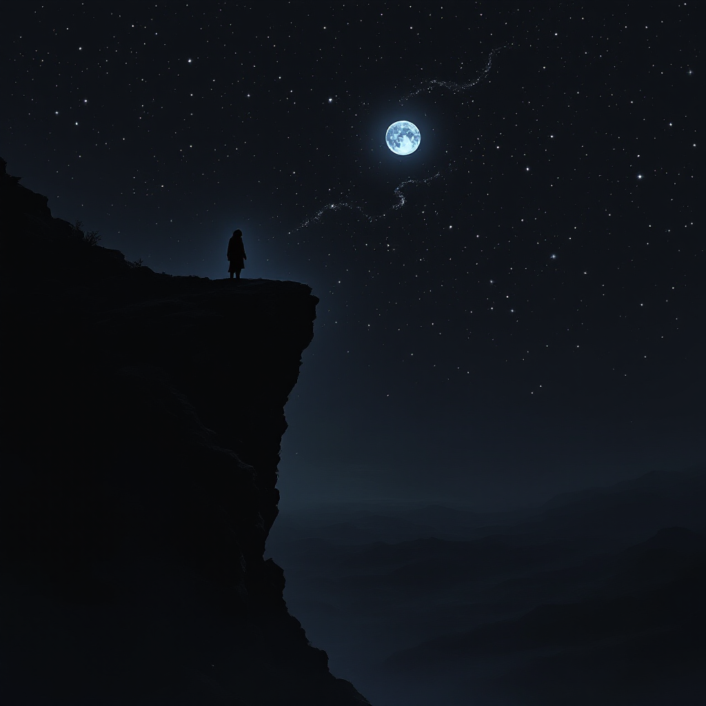 A solitary figure stands on the edge of a cliff under a starry night sky, illuminated by a bright moon, symbolizing the unseen fears we often confront.