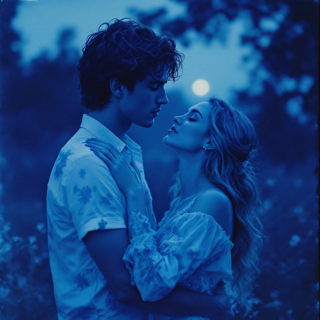 A romantic, blue-toned scene depicts a couple gazing into each other's eyes, embodying the essence of enduring love as expressed in the quote: Love is not love which alters when it alteration finds.