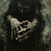 A dark, moody image depicts a man with his head bowed, his hands folded and clasped tightly, capturing the essence of the quote: All is in a man’s hands and he lets it all slip from cowardice.
