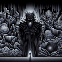 A lone figure stands before a towering, ominous shadowy creature amid surreal landscapes, embodying the quote, What you fear most of all is--fear. Very wise.