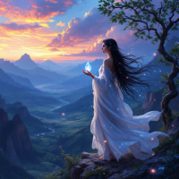 A woman in a flowing white gown stands on a cliff, holding a glowing crystal as she gazes at a vibrant sunset over a vast mountainous landscape, embodying the essence of choosing one's own destiny.