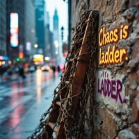 A wooden ladder leaning against a textured wall, adorned with graffiti reading Chaos is a Ladder, set against a bustling city street on a rainy day.