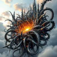 A fantastical structure of twisted metal and spires emerges from a fiery explosion, embodying the quote about empires exceeding their grasp amidst a dramatic sky.