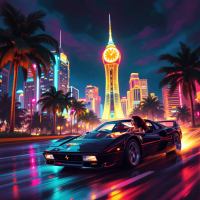 A sleek black sports car races through a vibrant city at night, lit by neon lights and palm trees, embodying the quote about the past echoing in the present.