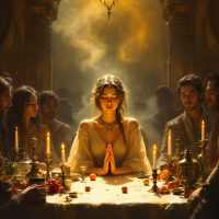 A gathering around a lavish table lit by candles, with a central figure in meditation, evokes themes of human meaning-making and the complexities of unintended consequences.