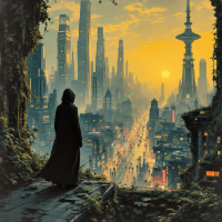 A figure in a dark cloak stands on a rugged outcrop, overlooking a sprawling futuristic city at sunset, embodying the complexity of a future not as simple as anticipated.