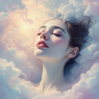 A serene woman with closed eyes, surrounded by soft, ethereal clouds, embodies a profound new feeling of love and understanding, reflecting a transformative emotional experience.