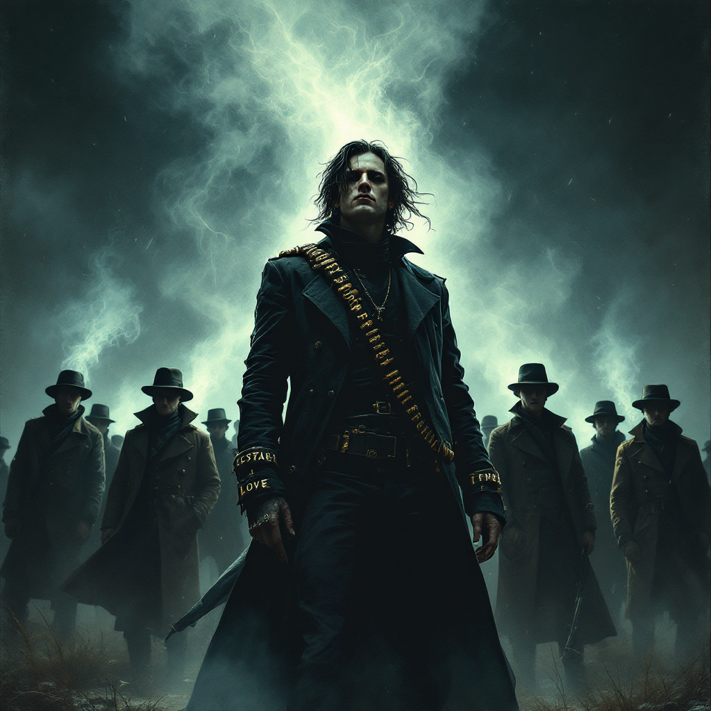 A lone figure in a dark coat stands confidently with a bandolier across his chest, surrounded by shadowy silhouettes in trench coats under dramatic stormy skies, embodying poetic truth.