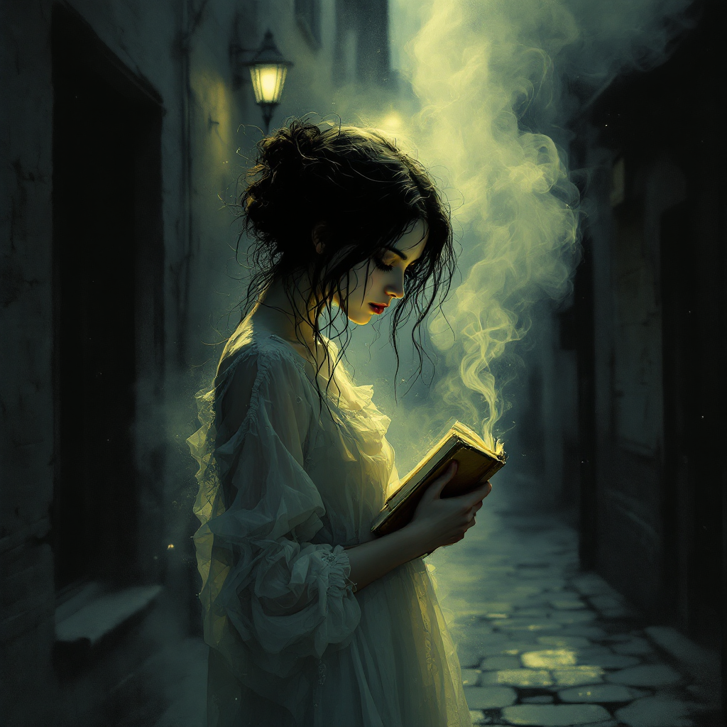 A woman in a dimly lit alley reads a glowing book, with wisps of mist swirling around her. The atmosphere evokes a sense of mystery and the challenge of trust in her world.