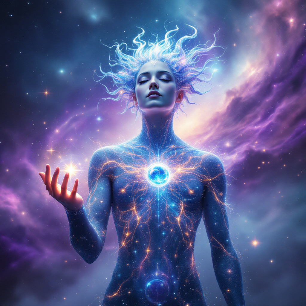 A figure with ethereal, flowing hair stands in a cosmic environment, palms open, radiating energy from their heart, symbolizing empowerment beyond fear and doubt.