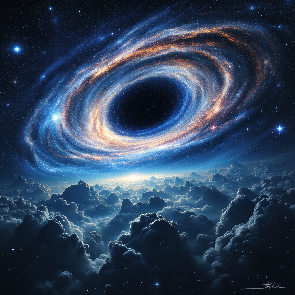 A swirling galaxy with a central black hole radiates vibrant colors against a backdrop of distant stars, evoking the vastness and wonder of the universe.