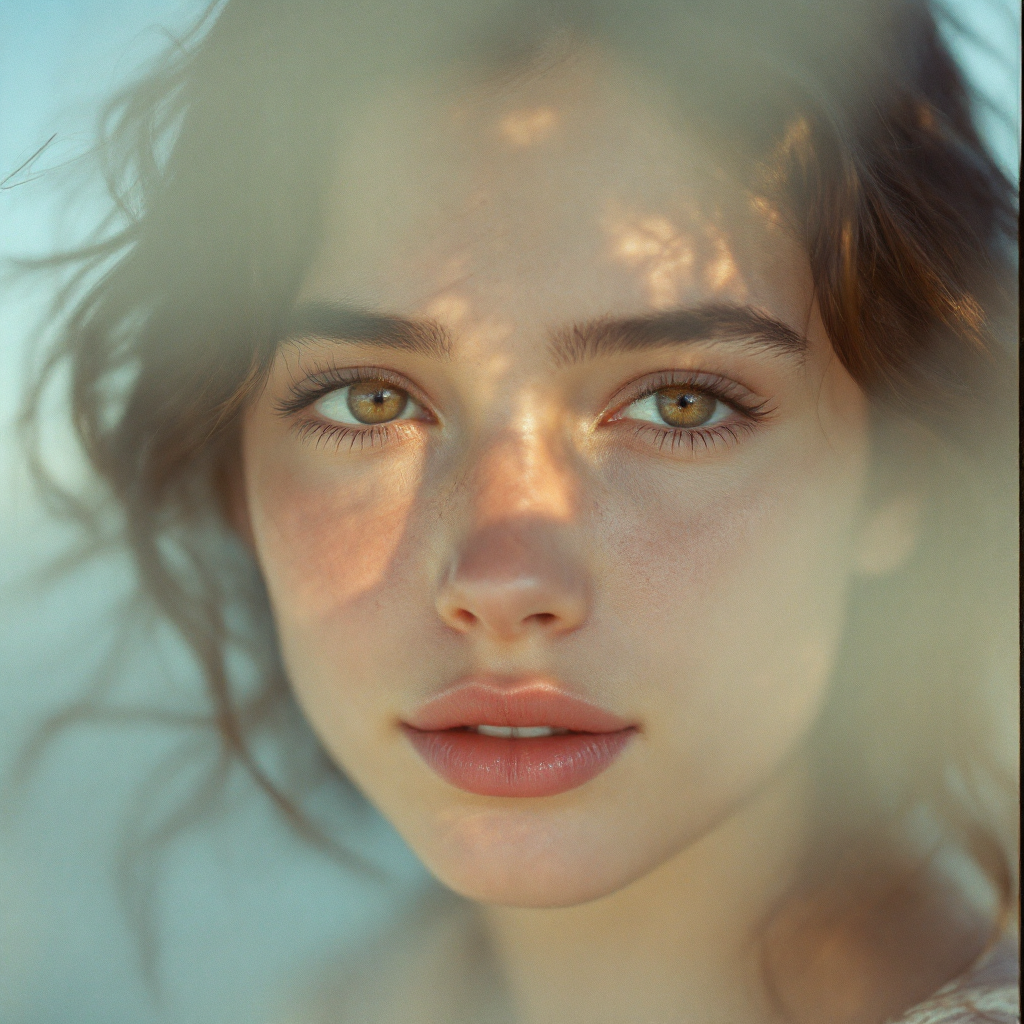 A close-up portrait of a young woman with captivating green eyes and soft features, illuminated by gentle light, embodying the essence of freedom as a chance to be better.