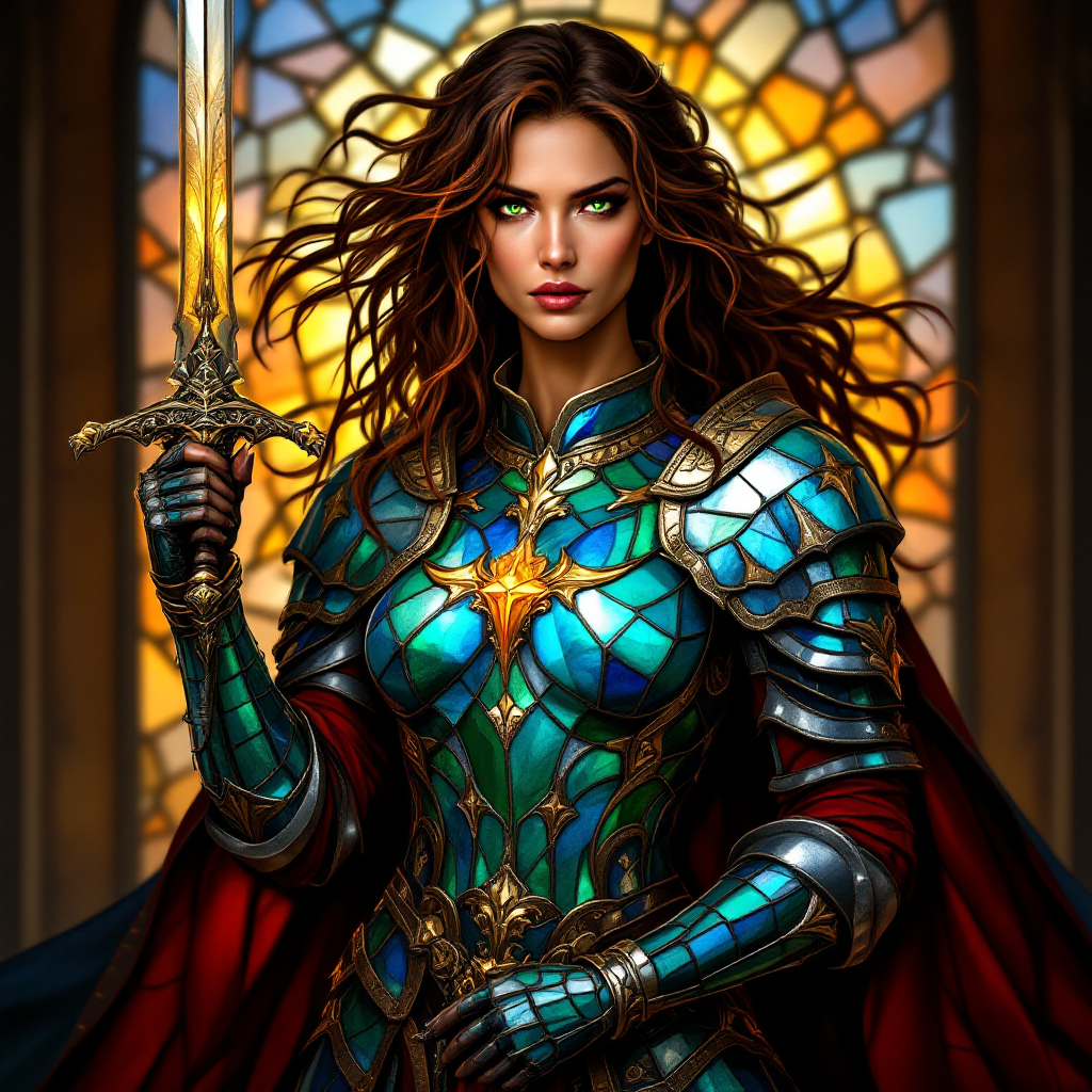 A fierce warrior stands confidently in ornate armor, holding a sword, with flowing hair and a determined expression, set against a vibrant stained glass backdrop.