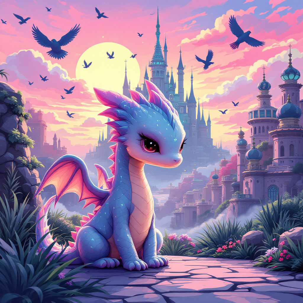 A small, vibrant dragonet sits amidst lush greenery, gazing thoughtfully at a distant castle under a glowing sunset, embodying the struggle of existing in a world of princes and queens.