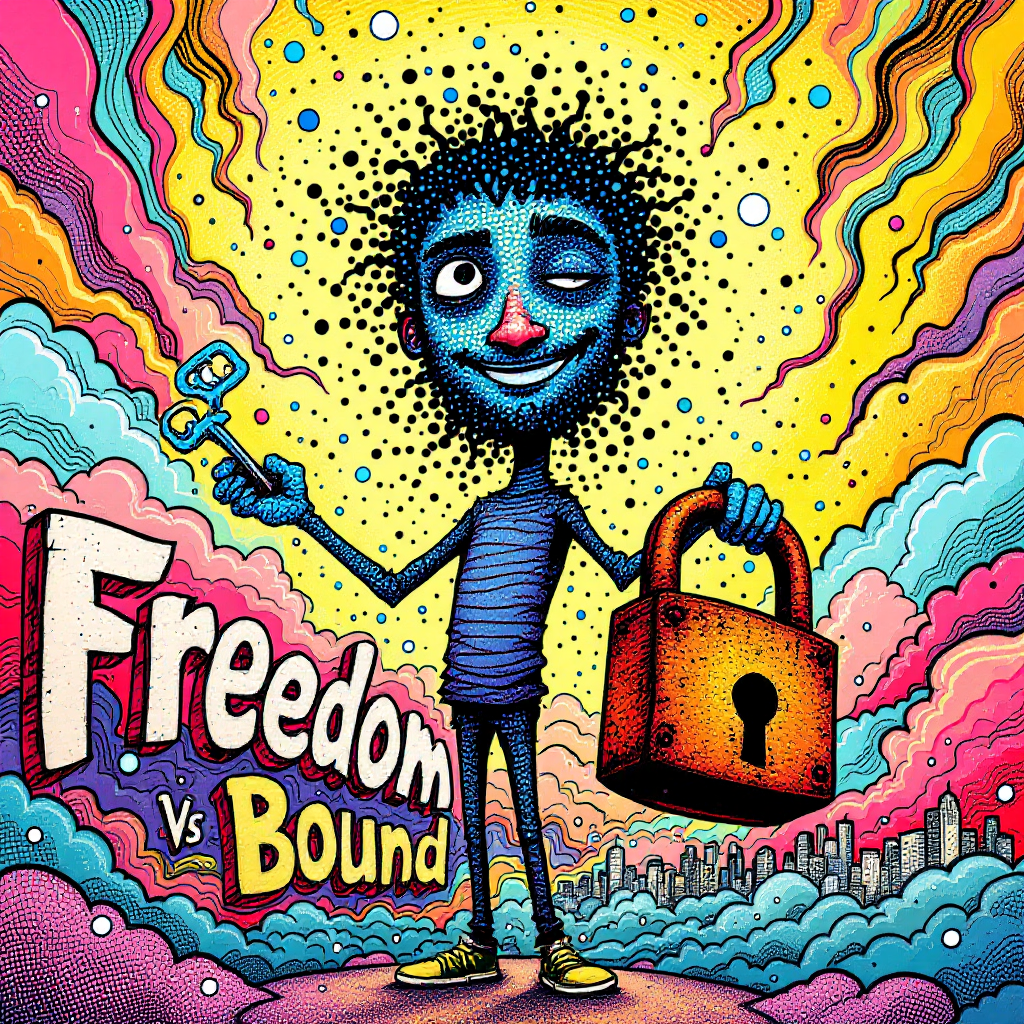 A colorful illustration featuring a character holding a lock and a key, embodying the theme Freedom vs Bound, set against a vibrant, swirling background that symbolizes relative freedom.