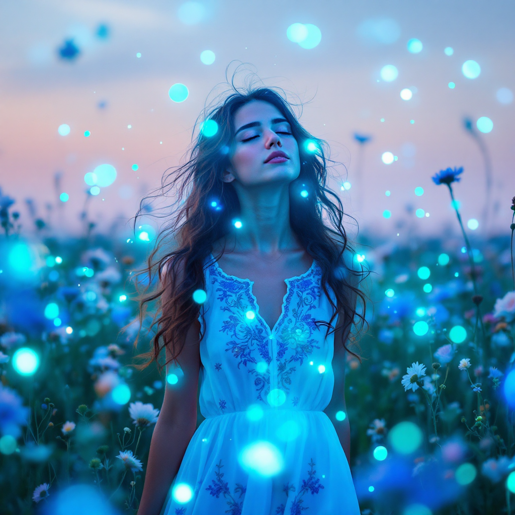 A woman in a delicate blue dress stands in a vibrant flower field, eyes closed, surrounded by ethereal blue orbs, embodying the idea that sometimes forgetting is a form of freedom.